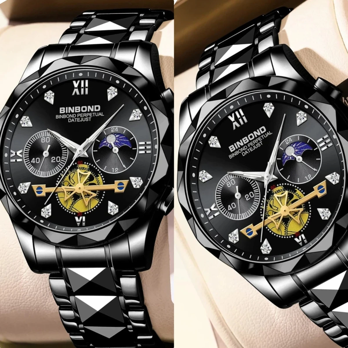 New Luxury Binbond Brand Men's Luminous Watches Stainless Steel Waterproof Chronograph watch - Black